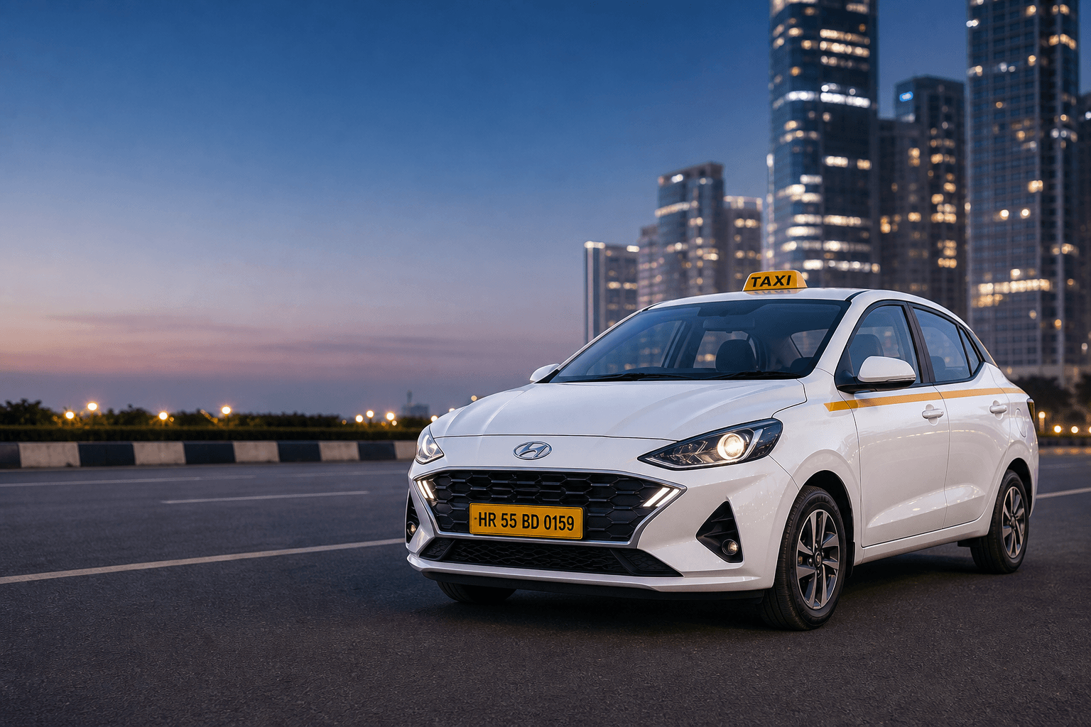Nebula Ride Hyundai Aura sedan (HR 55 BD 0159) on a city road at dusk